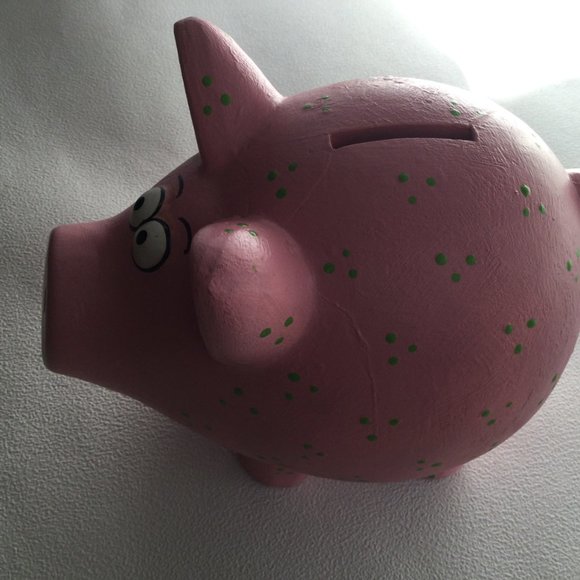 Big ceramic piggy bank figurine decoration pink with green dots - Picture 2 of 6